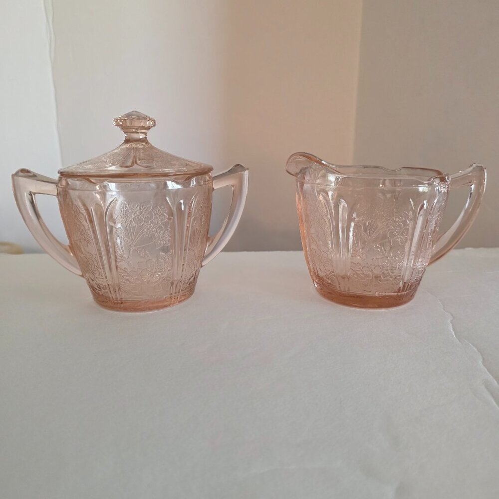 Vintage Jeannette Pink Depression Glass Cherry Blossom Sugar Bowl & Creamer